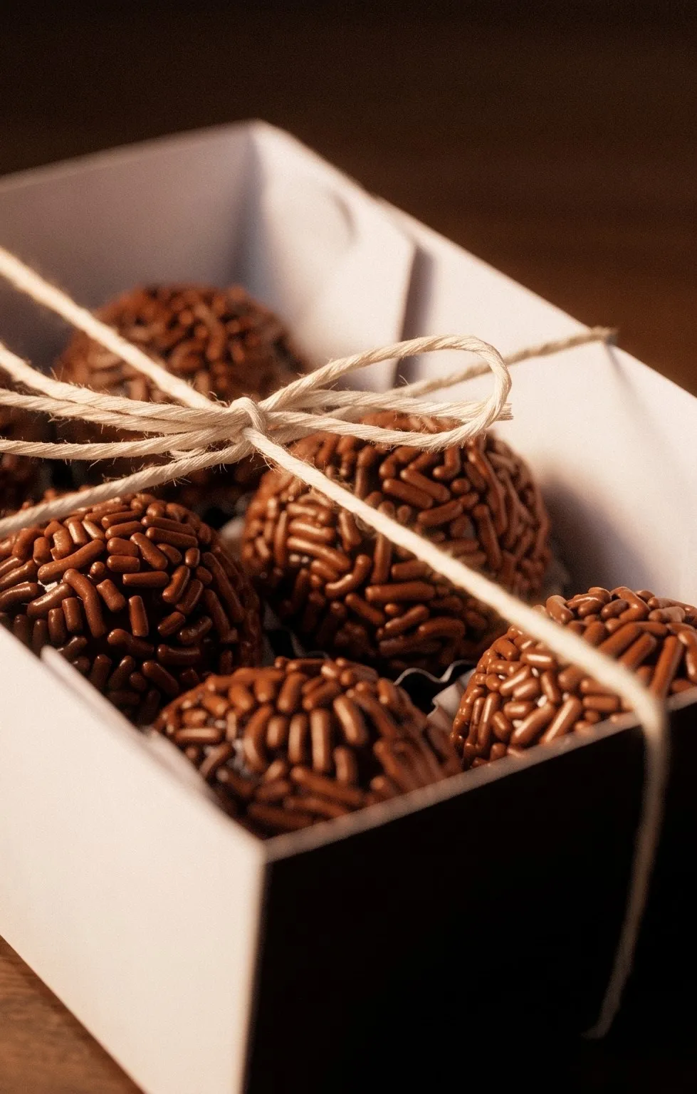 Caixa branca com seis brigadeiros de granulado, amarrada com laço de barbante